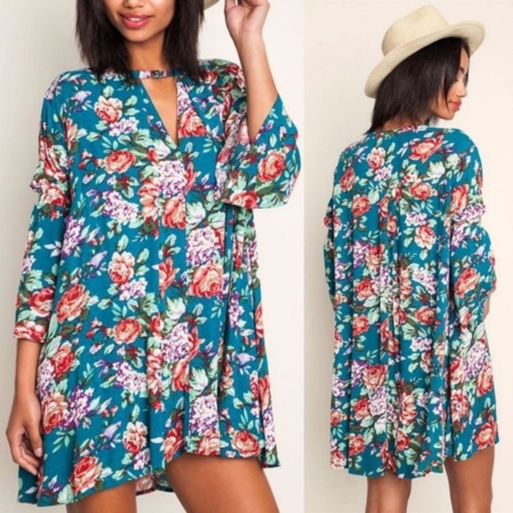 Umgee Floral Mini Dress Size Small Cottagecore Boho Oversized Relaxed Prairie